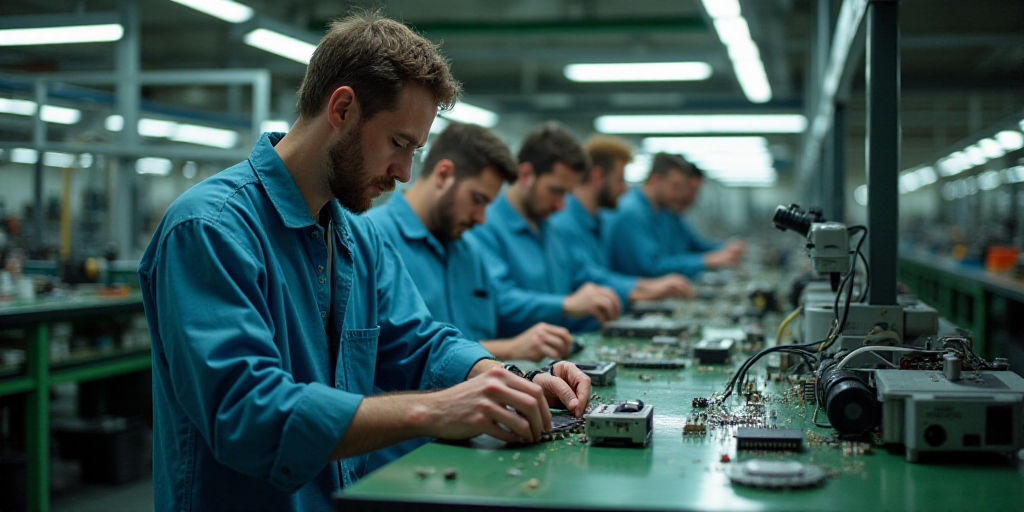 a group of people working on electronics in a factory or assembly line, with one man holding a devic