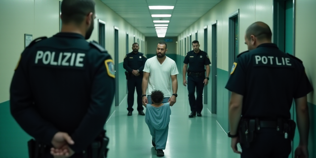 a group of police officers are surrounding a baby in a hospital hallway with a man in a white shirt,