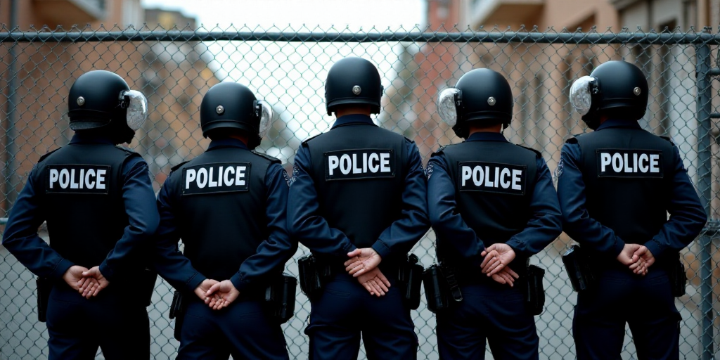 a group of police officers in riot gear standing behind a chain fence with their arms wrapped around
