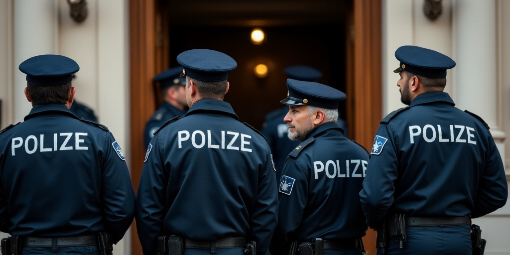 a group of police officers standing in front of a building door with their backs turned to the camer