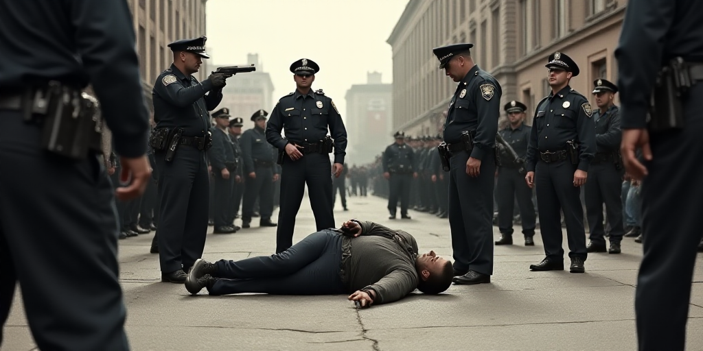 a group of police officers standing over a person laying on the ground with a gun in hand and a pers