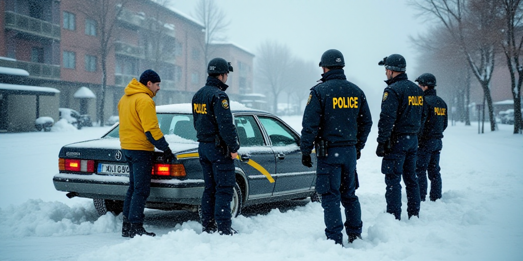 a group of police officers standing next to a car in the snow with a man in a yellow jacket, Aquirax