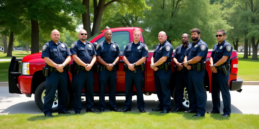 a group of police officers standing next to a red truck in a park area with trees and grass in the b
