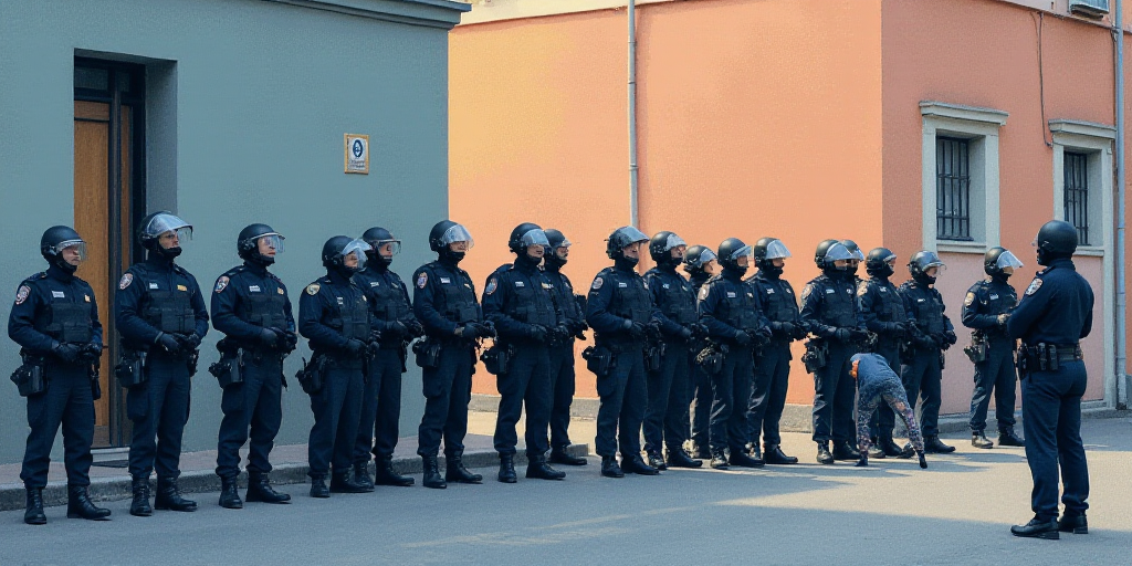 a group of police officers standing in a line on a street with a building in the background and a pe