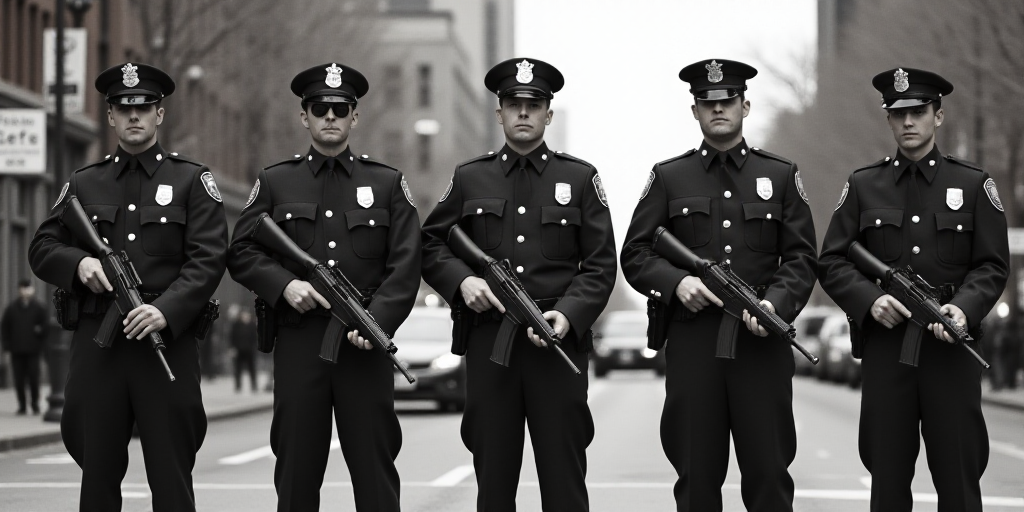 a group of police officers standing in a line on the street with guns in their hands and a sign in t