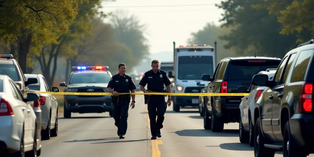 a group of police officers walking down a road next to a line of cars and trucks with police tape on
