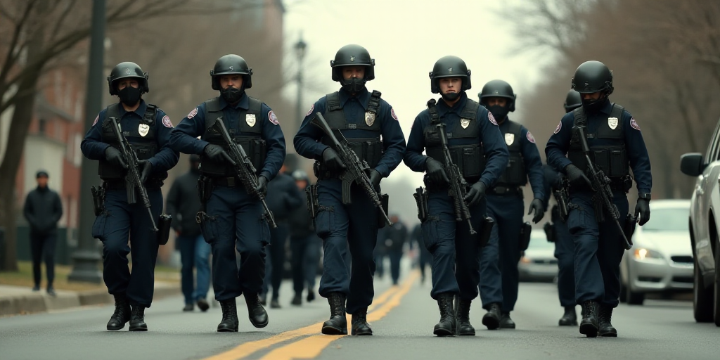 a group of police officers walking down a street with guns in their hands and helmets on their heads