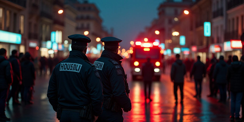 a group of police standing around a street at night time with people standing around and a fire truc