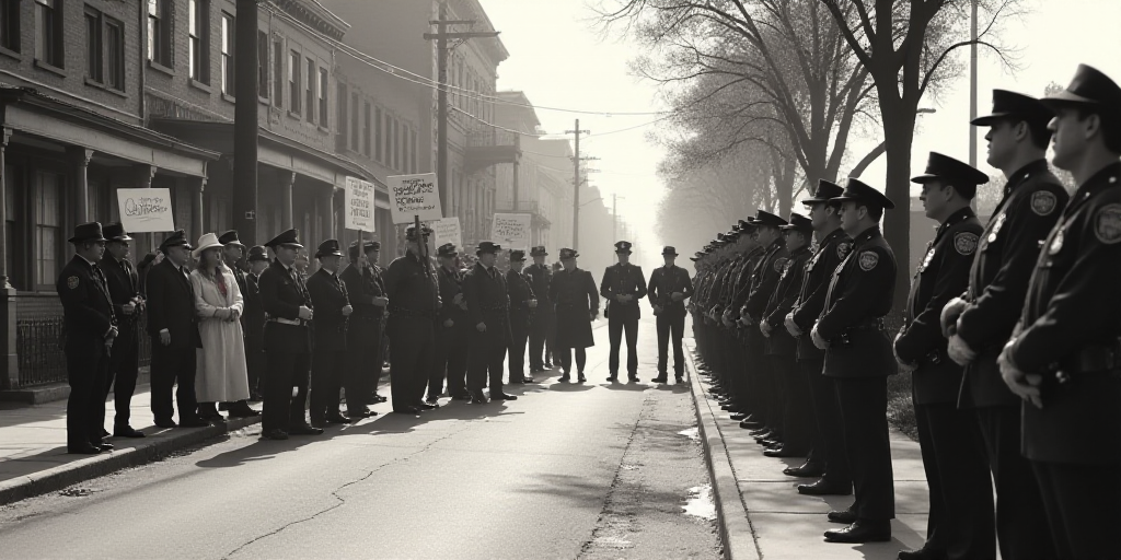 a group of protesters holding signs and standing in front of a line of police officers holding signs