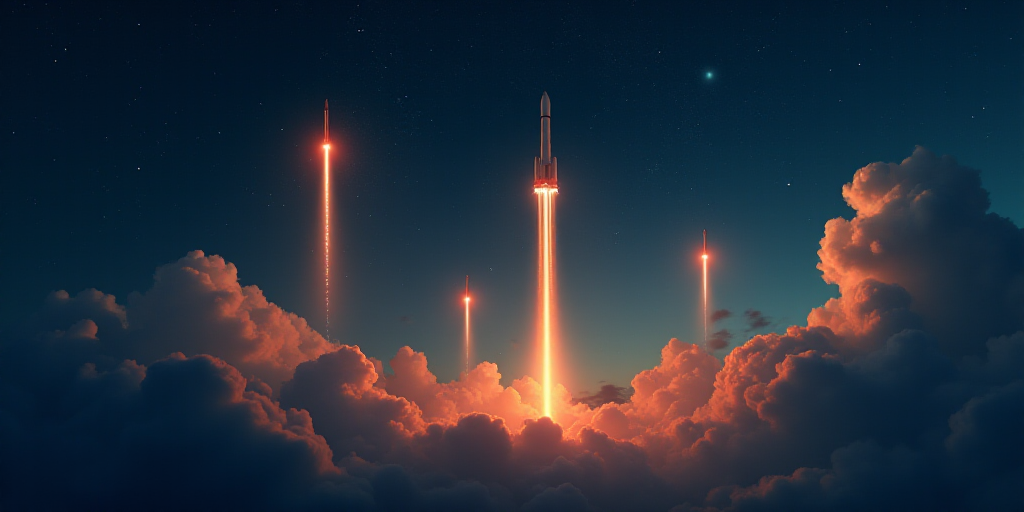 a group of rockets flying through the night sky with a few clouds in the background and a few stars