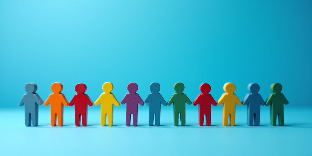 a group of small colorful people standing in a row on a blue background with a blue background behin