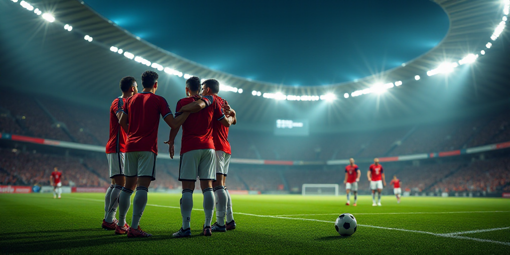 a group of soccer players celebrating a goal on a field at night with a stadium in the background an