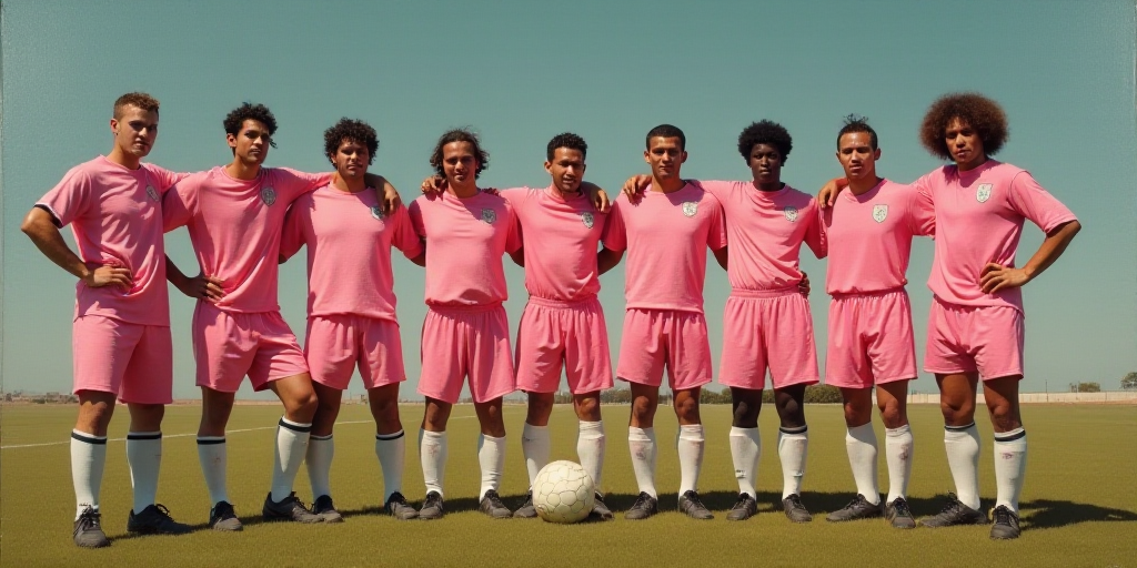 a group of soccer players standing on a field together in pink uniforms and white socks, with one of
