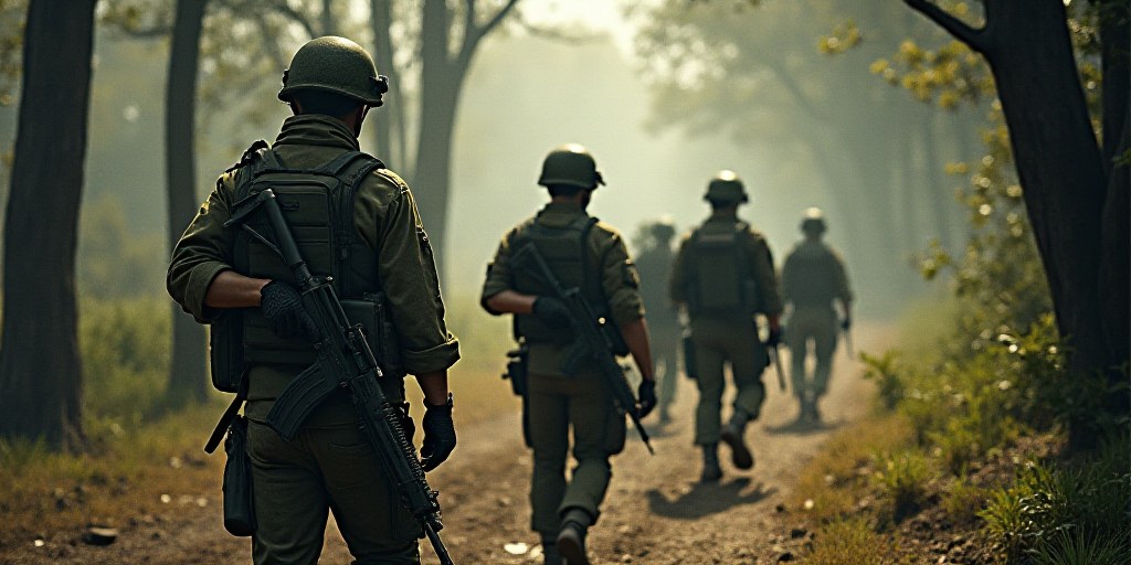 a group of soldiers are walking through the woods together with their weapons in hand and wearing ca
