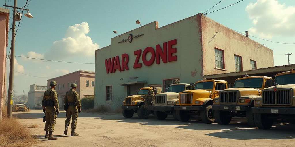 a group of soldiers standing in front of a building with a bunch of trucks in front of them and a bu