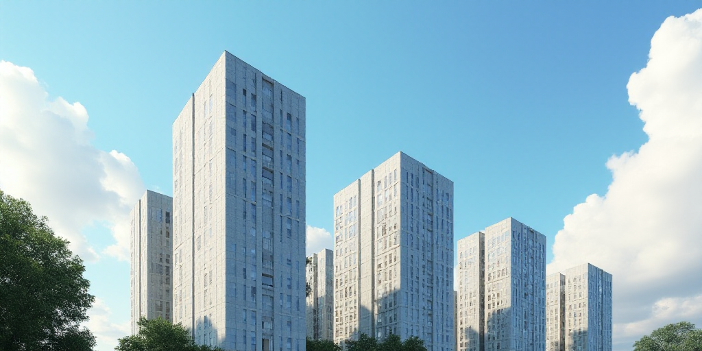 a group of tall buildings with a sky background and clouds in the background, with a blue sky and so