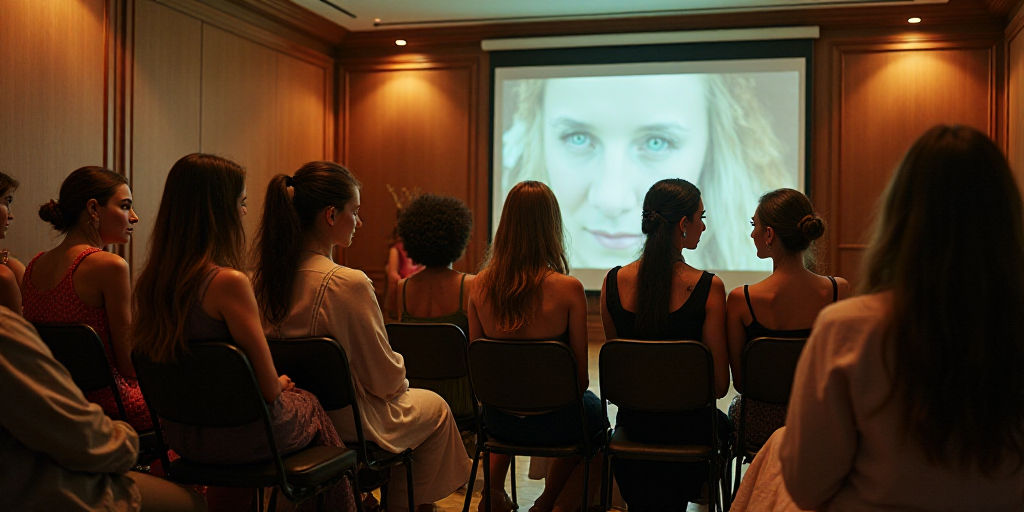 a group of women sitting on chairs in front of a projector screen in a room with a wooden panel, Ara