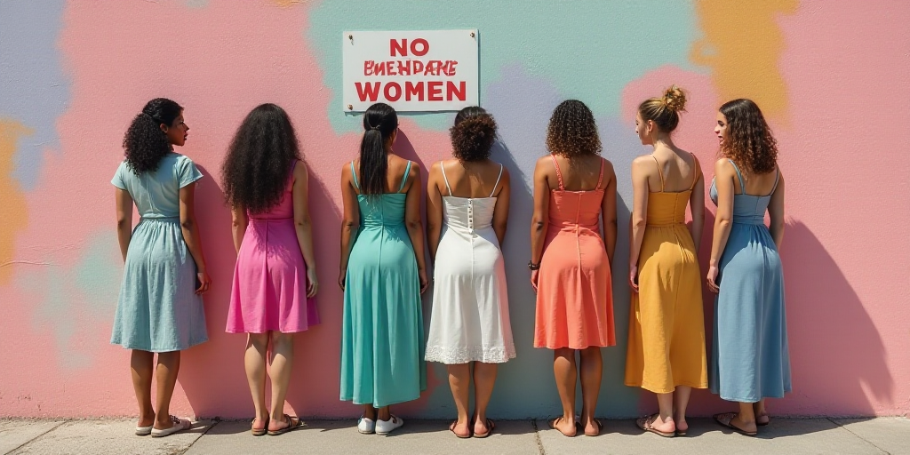 a group of women standing next to each other near a wall with a sign on it that says no more women,