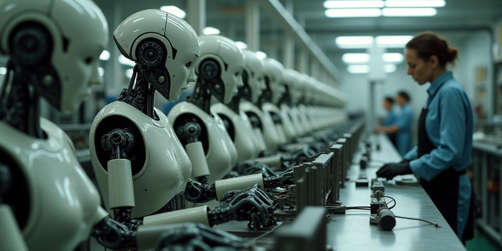 a group of women working on a machine in a factory or assembly line with a man in the background, Á