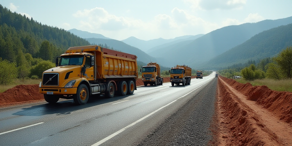 a group of workers are working on a road construction project on a highway in the country side of th