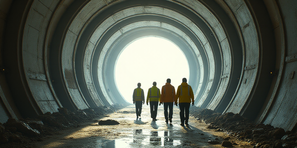 a group of workers walking through a tunnel with a large circular object in the background of the ph
