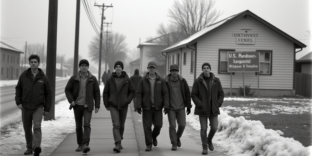 a group of young men walking down a street next to a building with a sign on it that says u s border