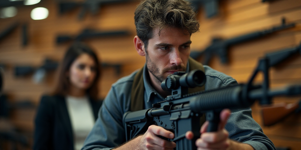 a gun store with a man looking at a rifle in the foreground and a woman standing in the background,