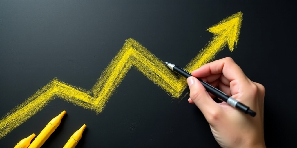 a hand drawing a yellow arrow on a blackboard with yellow crayons and a marker on it, Andries Stock,