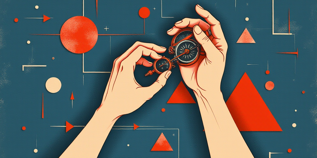 a hand holding a compass and a watch on a blue background with red and white triangles and arrows ar