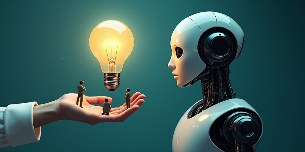 a hand holding a light bulb with people on it and a machine with a light bulb above it that says ai,