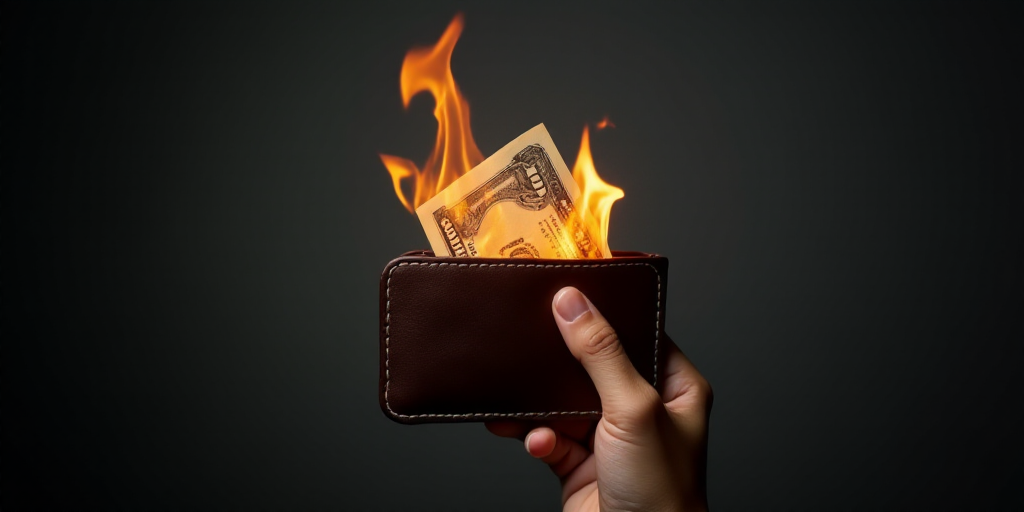a hand holding a wallet with money on fire in it and a black background with a gray background and a