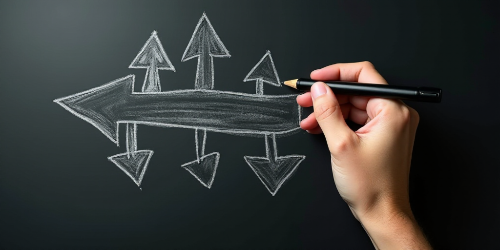 a hand is drawing arrows on a blackboard with white paint and a pencil on it with a marker, Dennis A