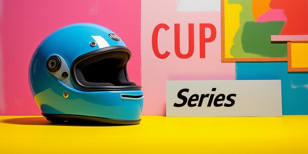 a helmet is sitting on a yellow surface near a sign that says cup series on it and a colorful backgr