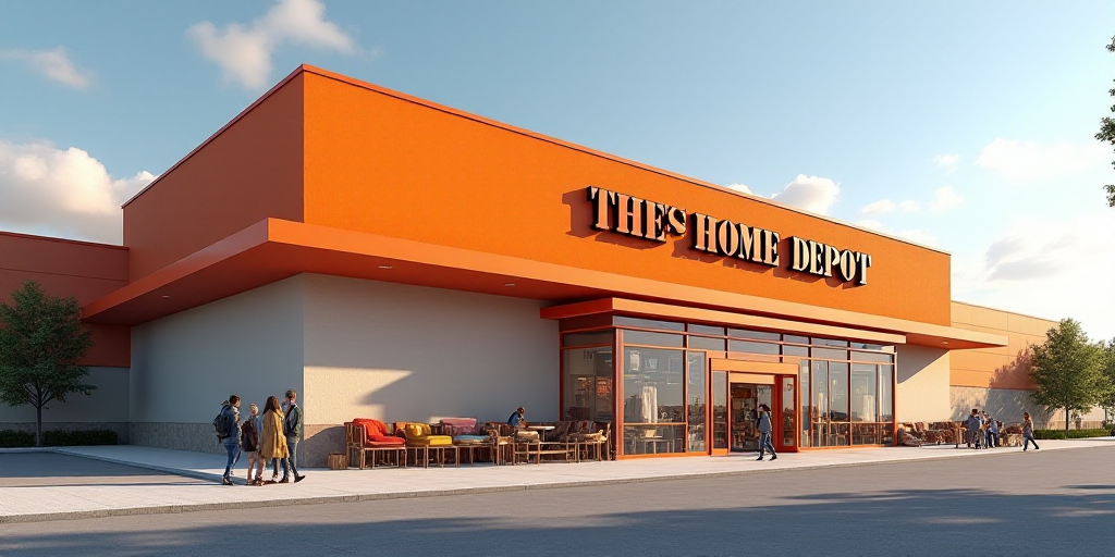 a home depot store with a lot of furniture outside of it and a few people walking outside the store,