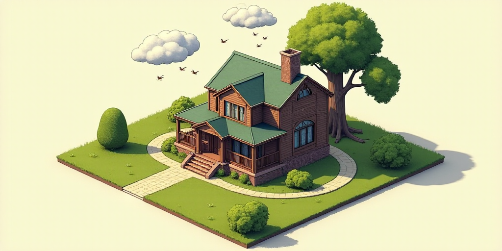 a house with a lot of icons above it and a tree in the background with a few clouds above it, Arling