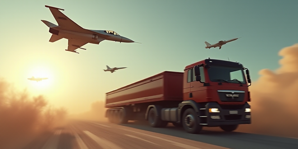 a jet is flying in the sky with a missile in the background and a truck behind it with a truck behin