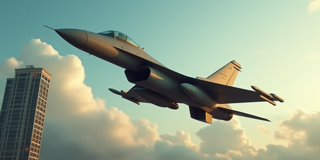 a jet is flying through the air with a missile in it's mouth and a building in the background, Dahlo