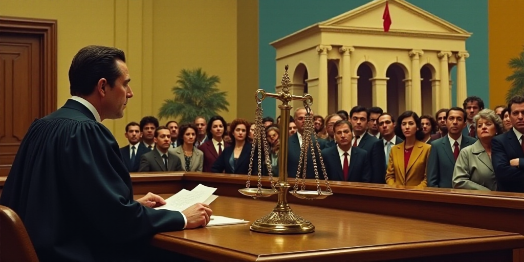 a judge and a judge's scale in a courtroom with a crowd of people in the background and a building w