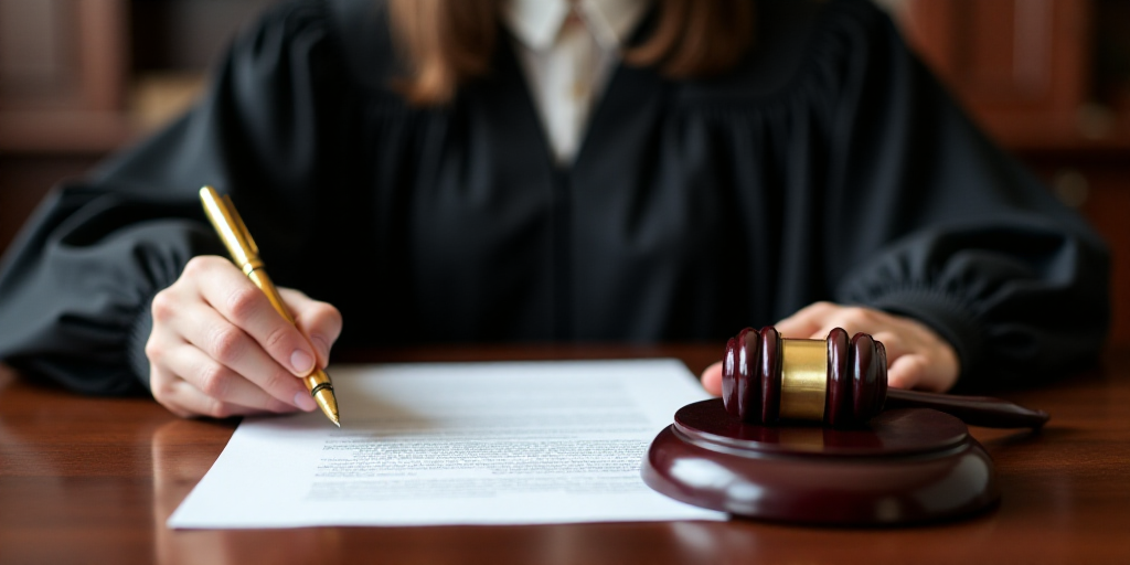 a judge holding a pen and paper while sitting at a desk with a gaven on it and papers, Brenda Chambe