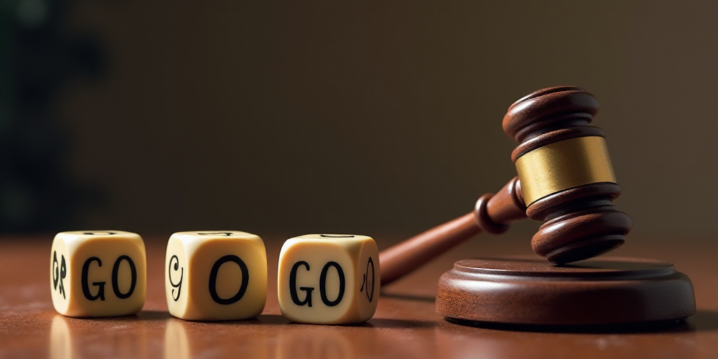 a judge's gavel and three dices with the word go written on them sitting on a desk, Andries Stock, s