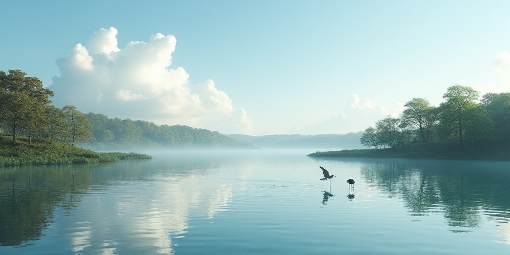 a lake with a few trees and a sky with clouds above it and a few birds in the water, Enguerrand Quar