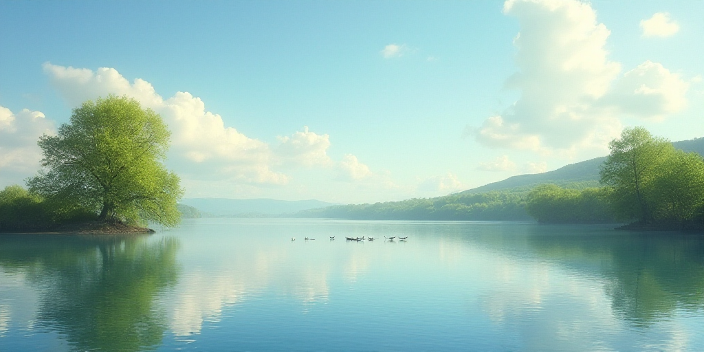 a lake with a few trees and a sky with clouds above it and a few birds in the water, Enguerrand Quar