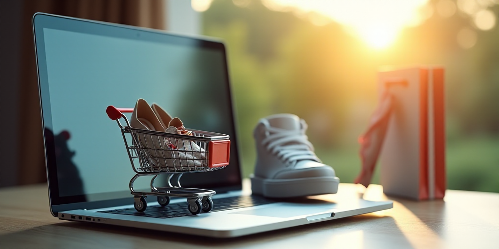 a laptop computer with a shopping cart and shoes on it next to a shopping cart and a shopping bag, A