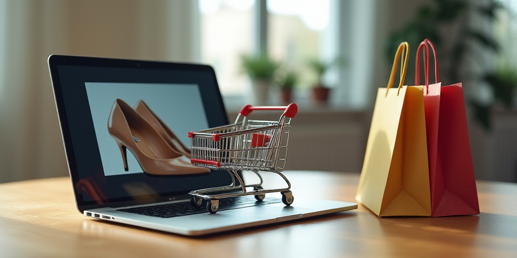 a laptop computer with a shopping cart and shoes on it next to a shopping cart and a shopping bag, A