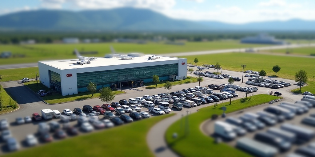 a large airport with a lot of cars parked in front of it and a building with a sign that says oma, A