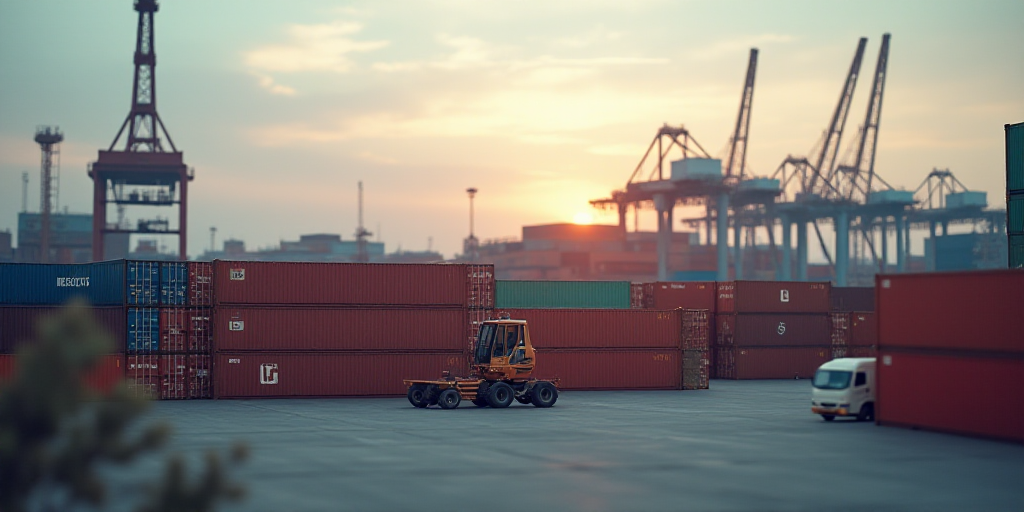 a large amount of containers are stacked up in a large warehouse area with a crane in the background