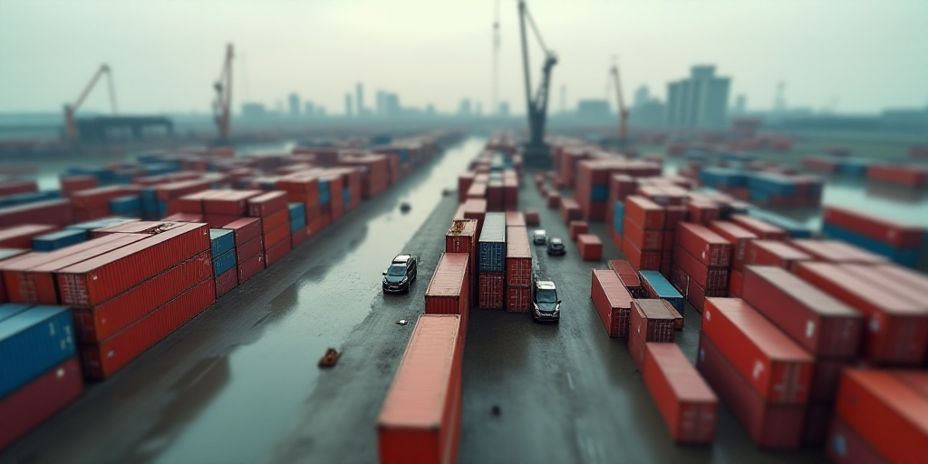 a large amount of containers are stacked up in a large container yard with a large industrial area i