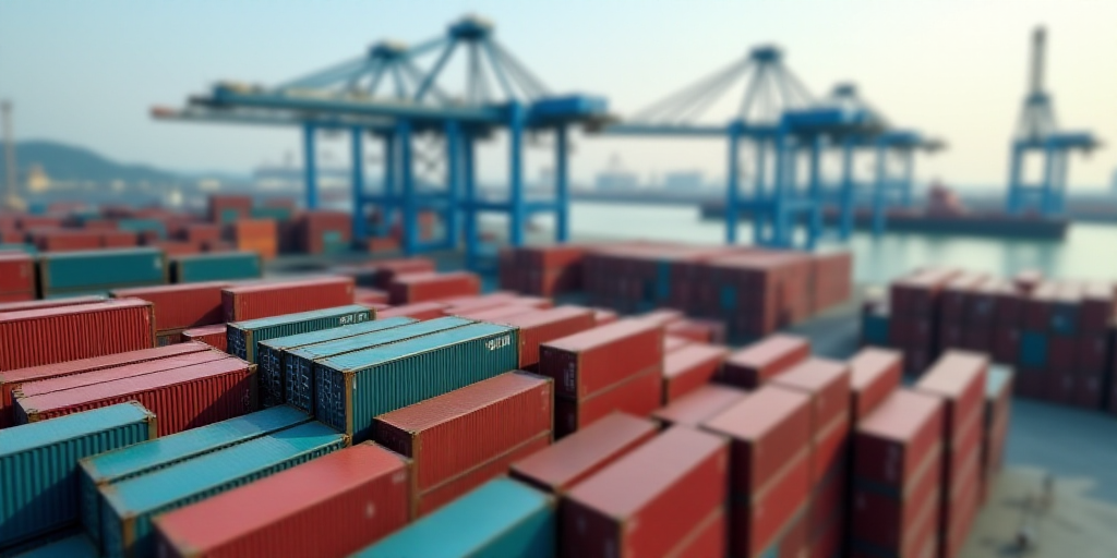a large amount of containers are stacked up in a harbor area with cranes in the background and a boa