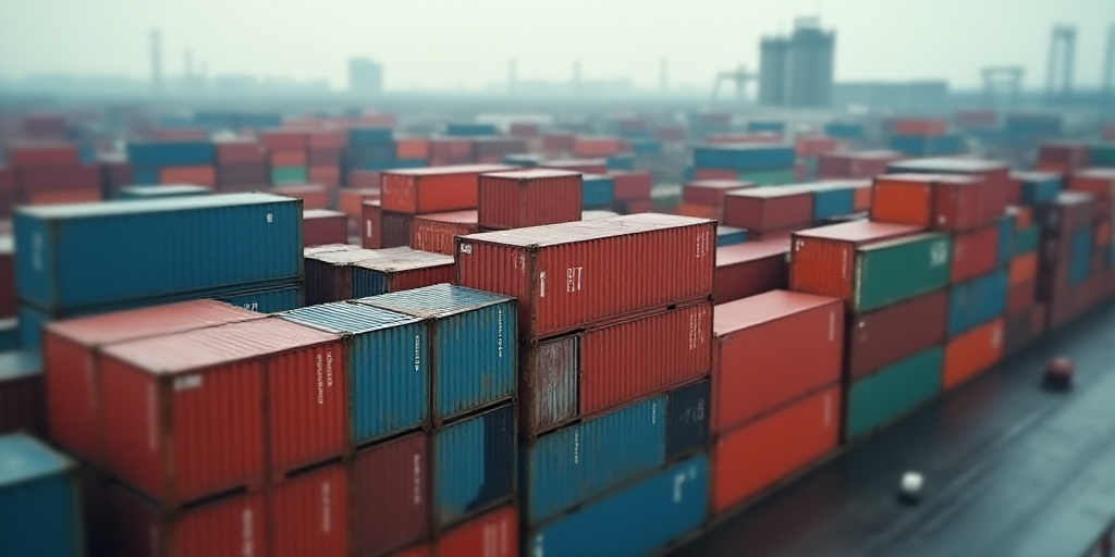 a large amount of containers are stacked up in a large container yard with a large industrial area i