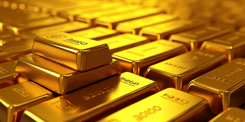 a large amount of gold bars are stacked together in rows and stacked on top of each other, with the